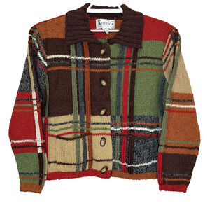 Vintage Knitting Needles Sweater Cardigan Womens Size Medium Plaid Button Front